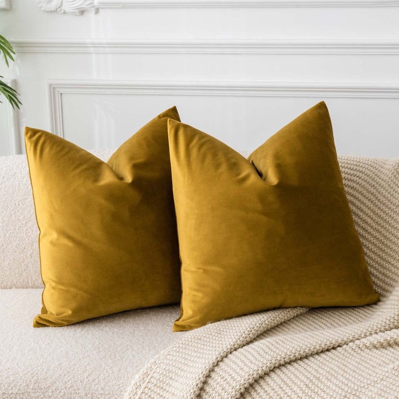 JUSPURBET Throw Pillow Covers Set of 2 Decorative 26x26 Velvet Pillow Covers for Couch Sofa Bed Soft Cushion Covers Cases with Invisible Zipper for Living Room Home Decor,Mustard Yellow - Image 1